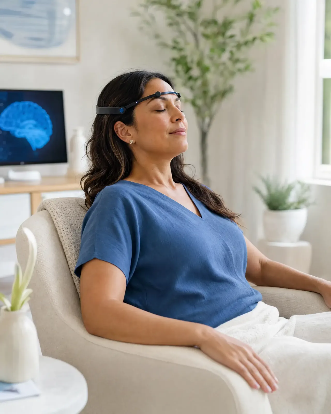 Mujer relajada durante una sesión de neurofeedback