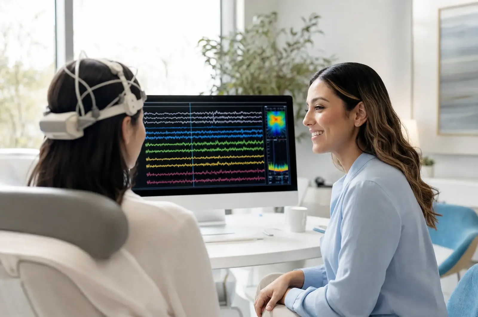 Profesional revisando ondas cerebrales con una clienta